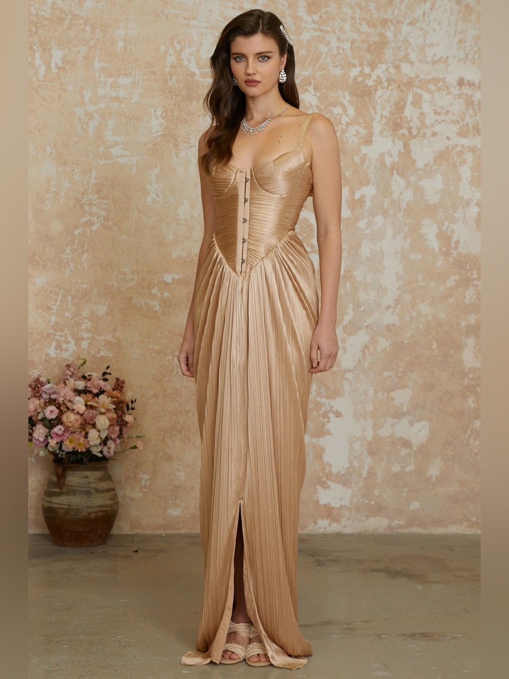 Nicoletta Gold Glossy Pleated Corset Maxi Dress